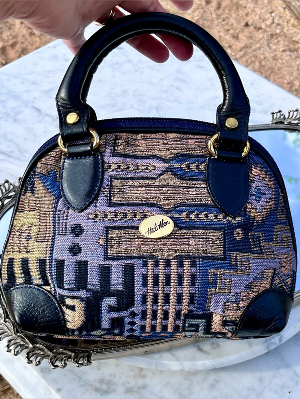 Vintage Hat-Men Small Tapestry Handbag / Purse, Navy Blue Leather Handles, Brown